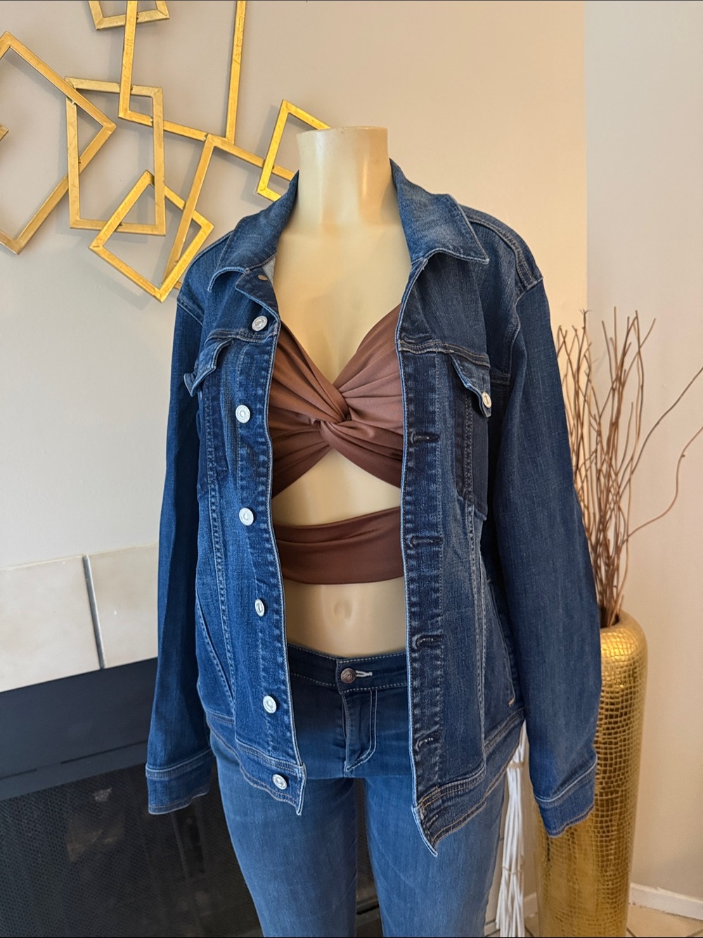 7 For All Mankind Dark Blue Denim Jacket with Brown Top